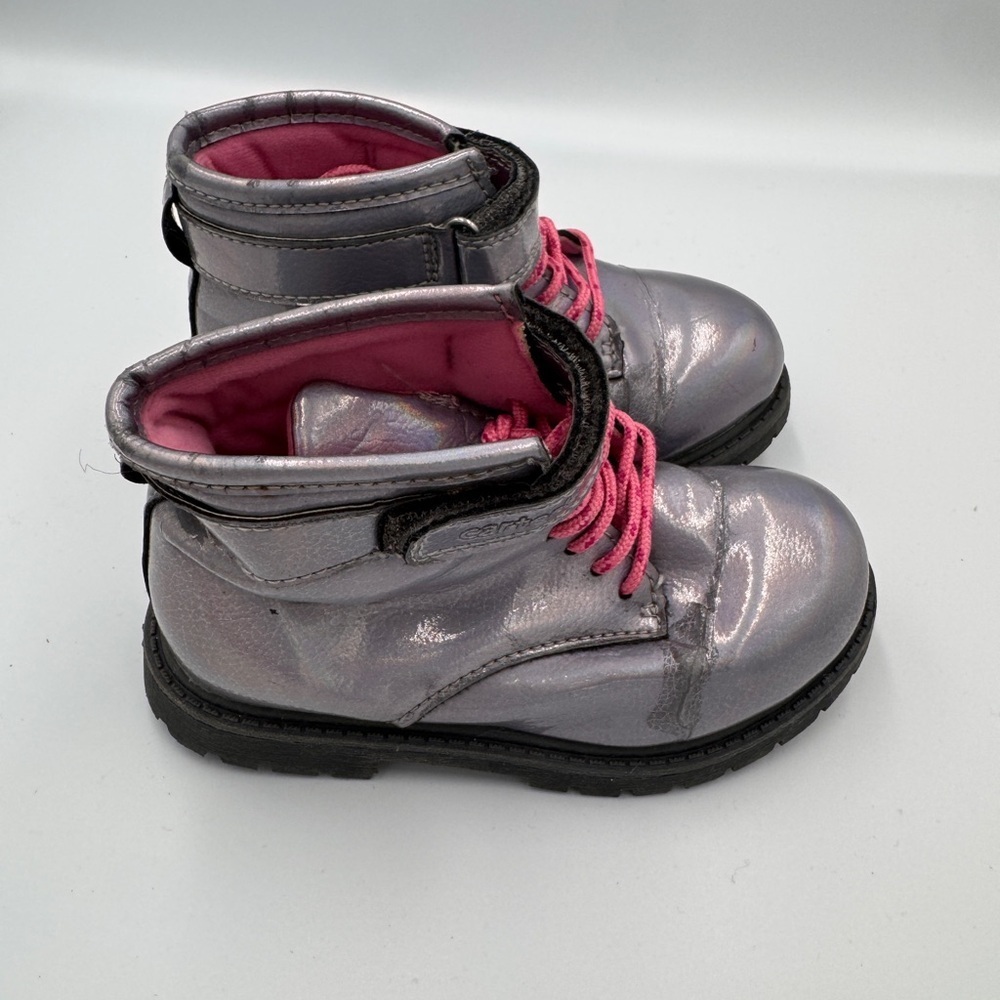 Carter's Girls Size 10 Shiny Silver Kids Combat Boots with Pink Laces - Picture 5 of 11
